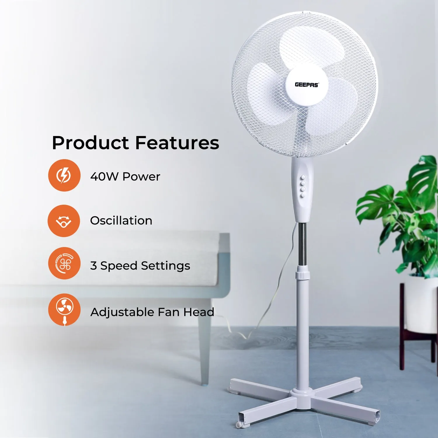 16 Inch White Oscillating Electric Pedestal Fan