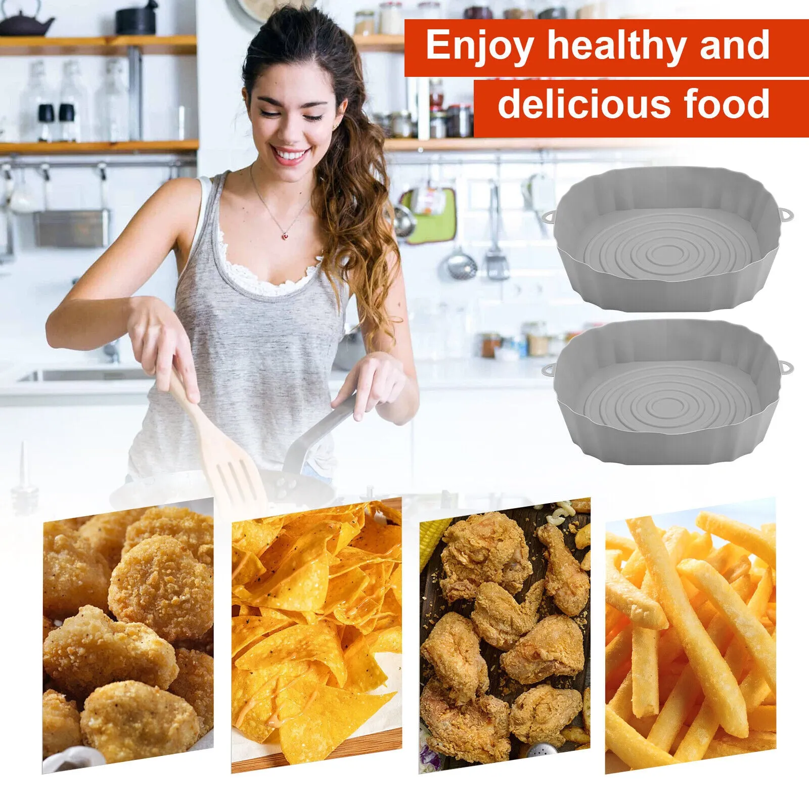 2 Pcs Air Fryer Silicone Pot Baskets Liners, Non-Stick & Oven Safe