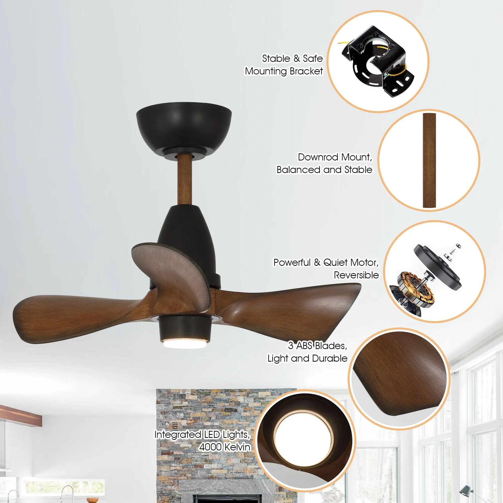 28" Kwang Farmhouse DC Motor Downrod Mount Reversible Ceiling Fan with LED Lighting and Remote Control