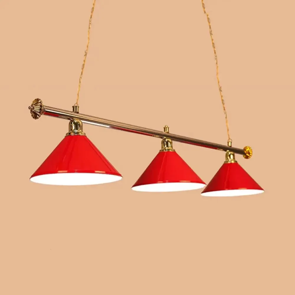 3-Head Conical Metallic Billiard Light - Indoor Island Lighting Fixture in Black/Red/Blue