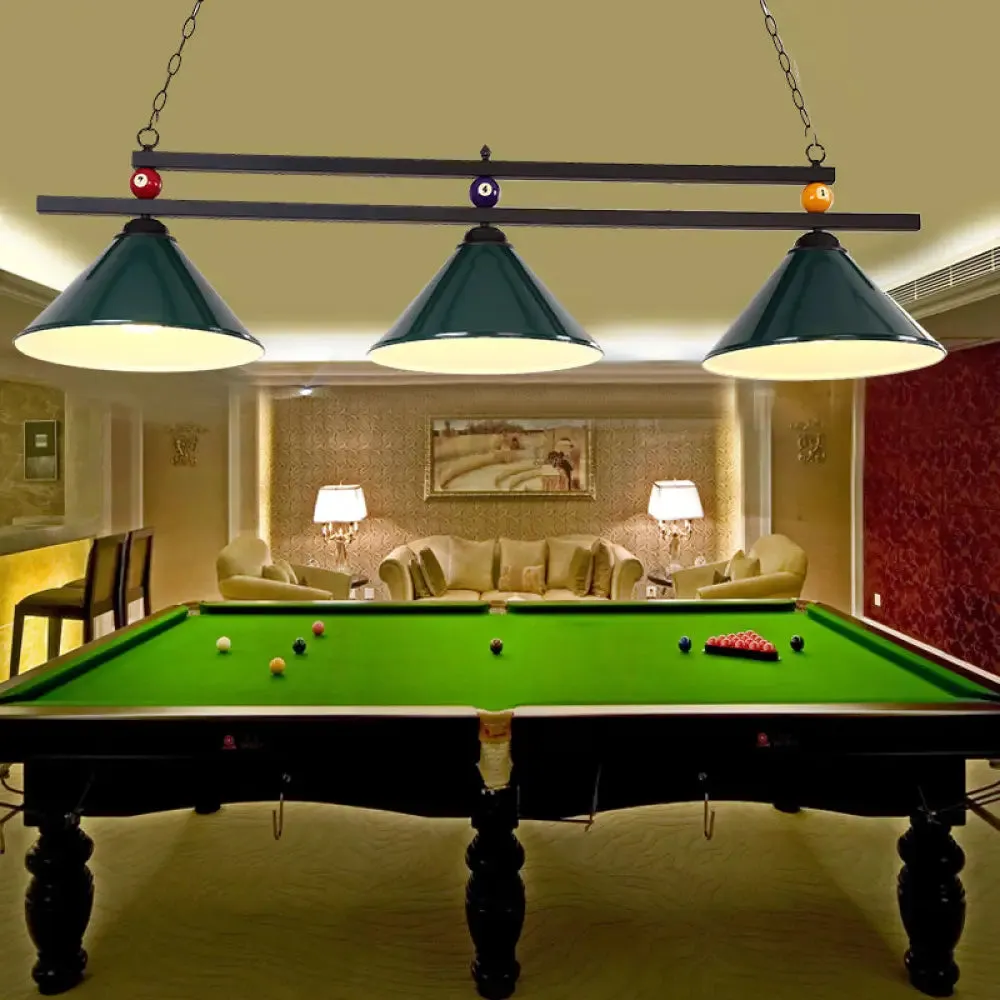 3-Head Conical Metallic Billiard Light - Indoor Island Lighting Fixture in Black/Red/Blue