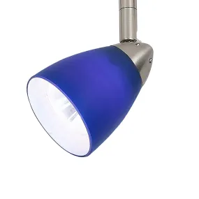 4 87" Tall Serpentine Track Head with Shade in Brushed Steel with Blue Glass