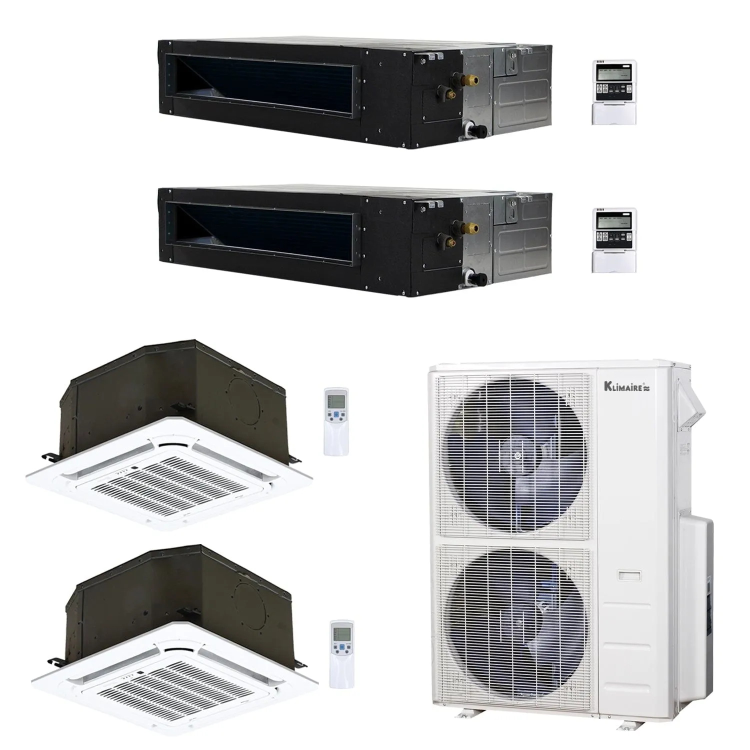 4-Zone Klimaire 20.8 SEER2 Multi Split Ceiling Cassette Ducted Recessed Air Conditioner Heat Pump System 12 12 18 18