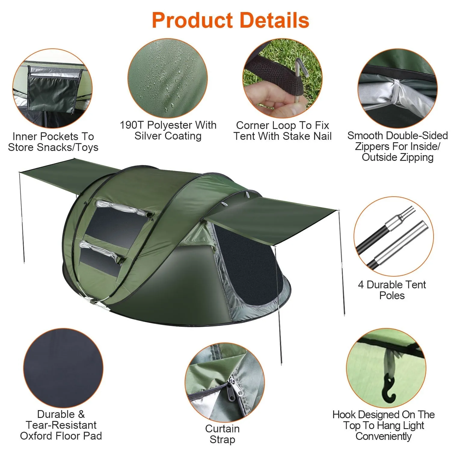 5-8 Person Pop Up Tent Automatic Setup Camping Tent Waterproof Instant Setup Tent with 4 Tent Poles 2 Mosquito Net Windows Carrying Bag for Hiking Climbing Fishing