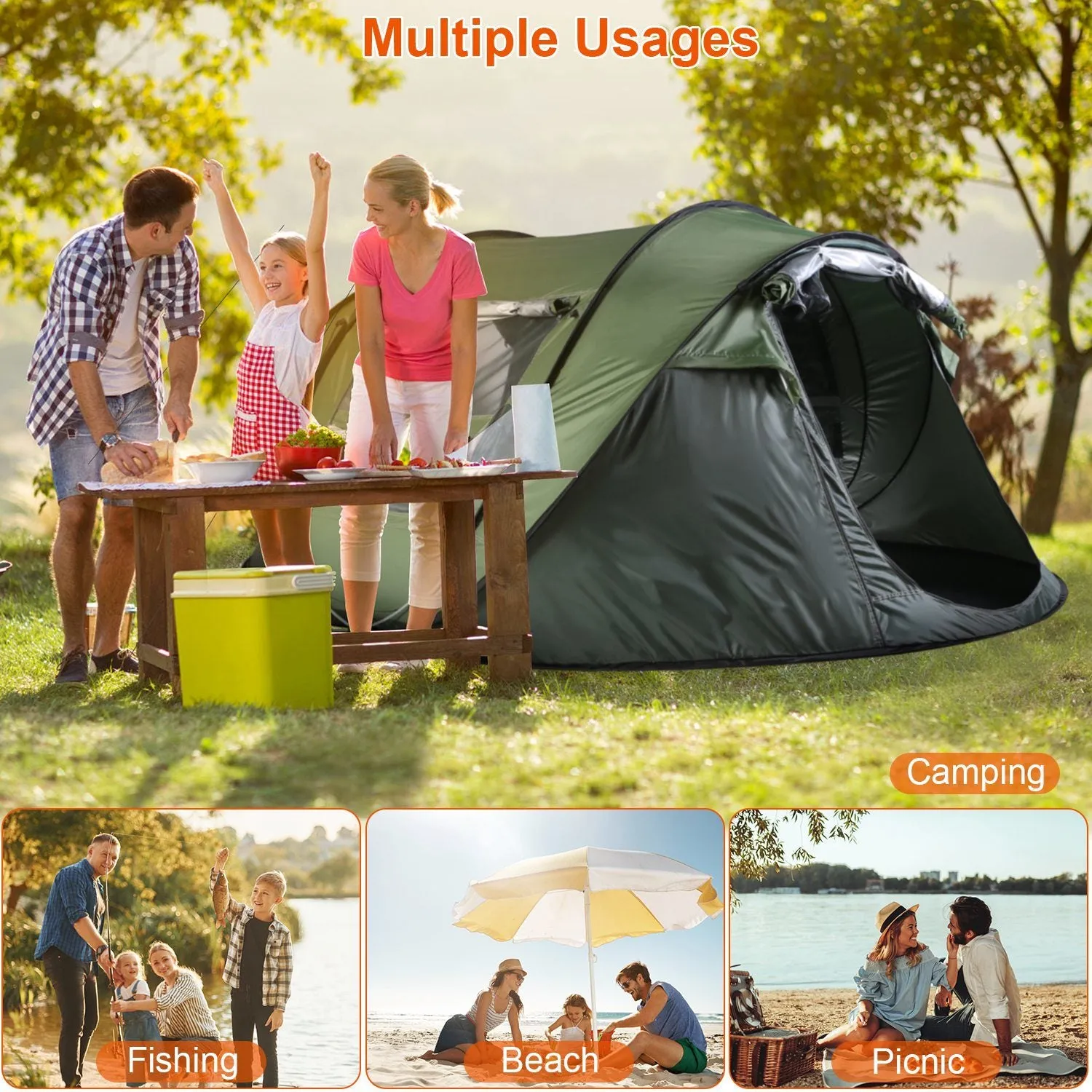 5-8 Person Pop Up Tent Automatic Setup Camping Tent Waterproof Instant Setup Tent with 4 Tent Poles 2 Mosquito Net Windows Carrying Bag for Hiking Climbing Fishing