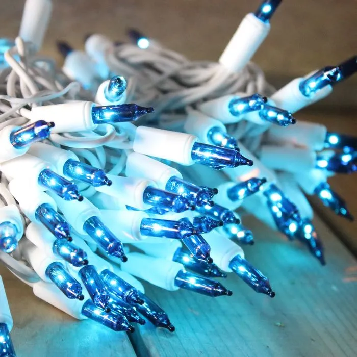 50-bulb Blue Mini Lights, 2.5" Spacing, White Wire