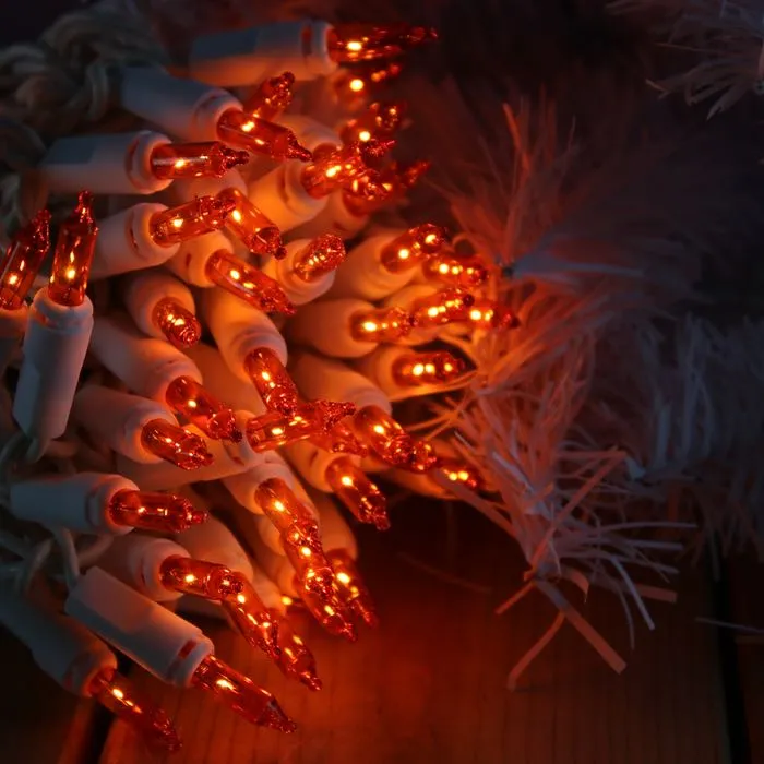 50-bulb Orange Mini Lights, 2.5" Spacing, White Wire