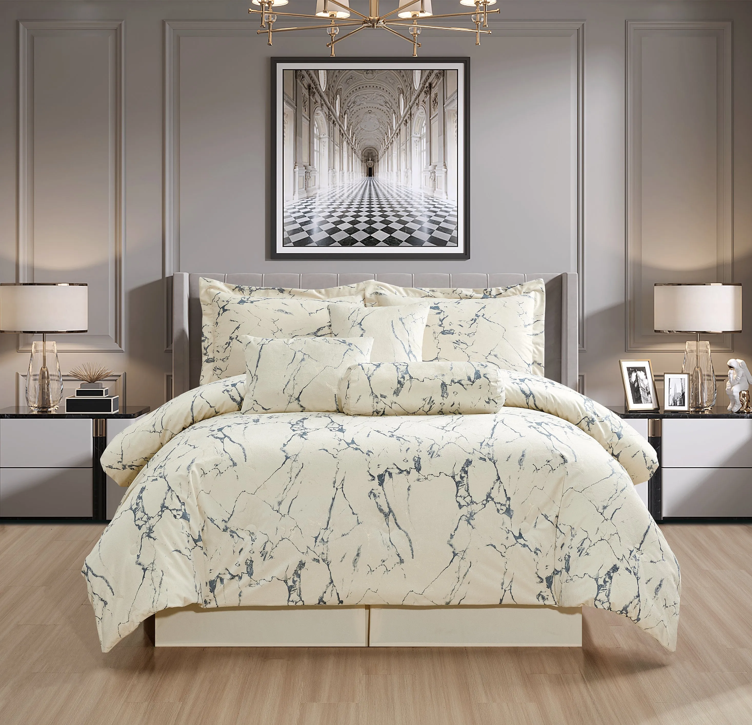 7 Piece Comforter Set Velvet Bedspread Quilted Bed Set Marble Effect Bedskirt Pillow shams (Cream)