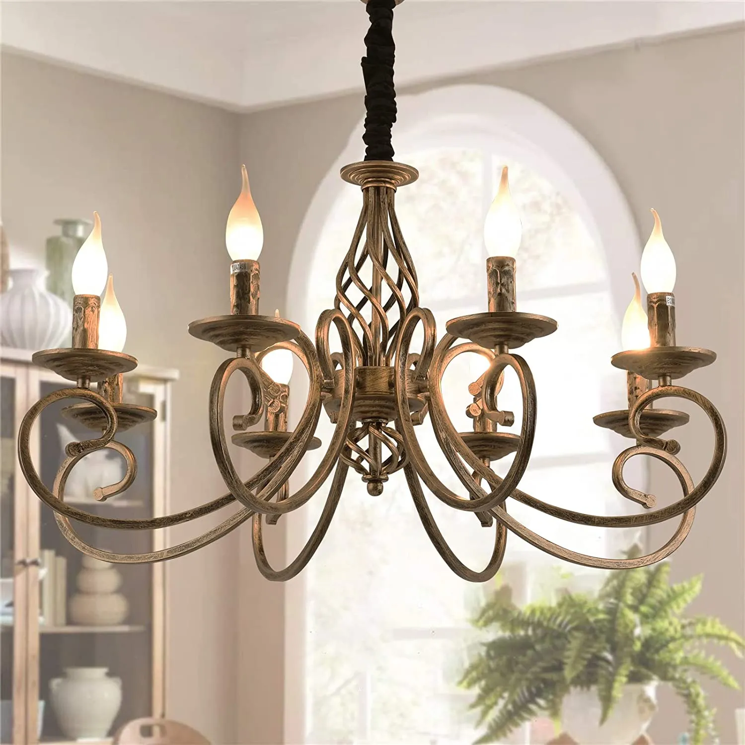 8 Lights Candle French Country Chandelier, Vintage Iron