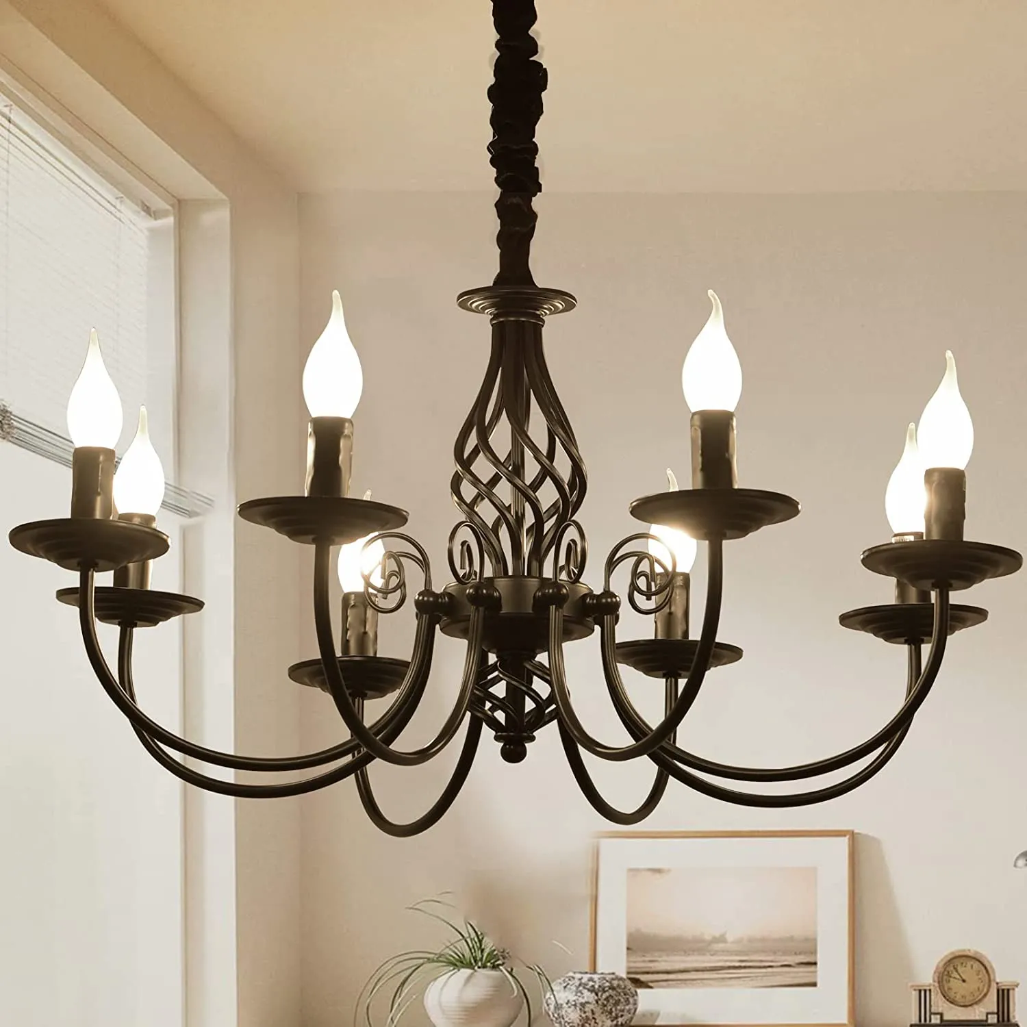 8 Lights Candle French Country Chandelier, Vintage Iron