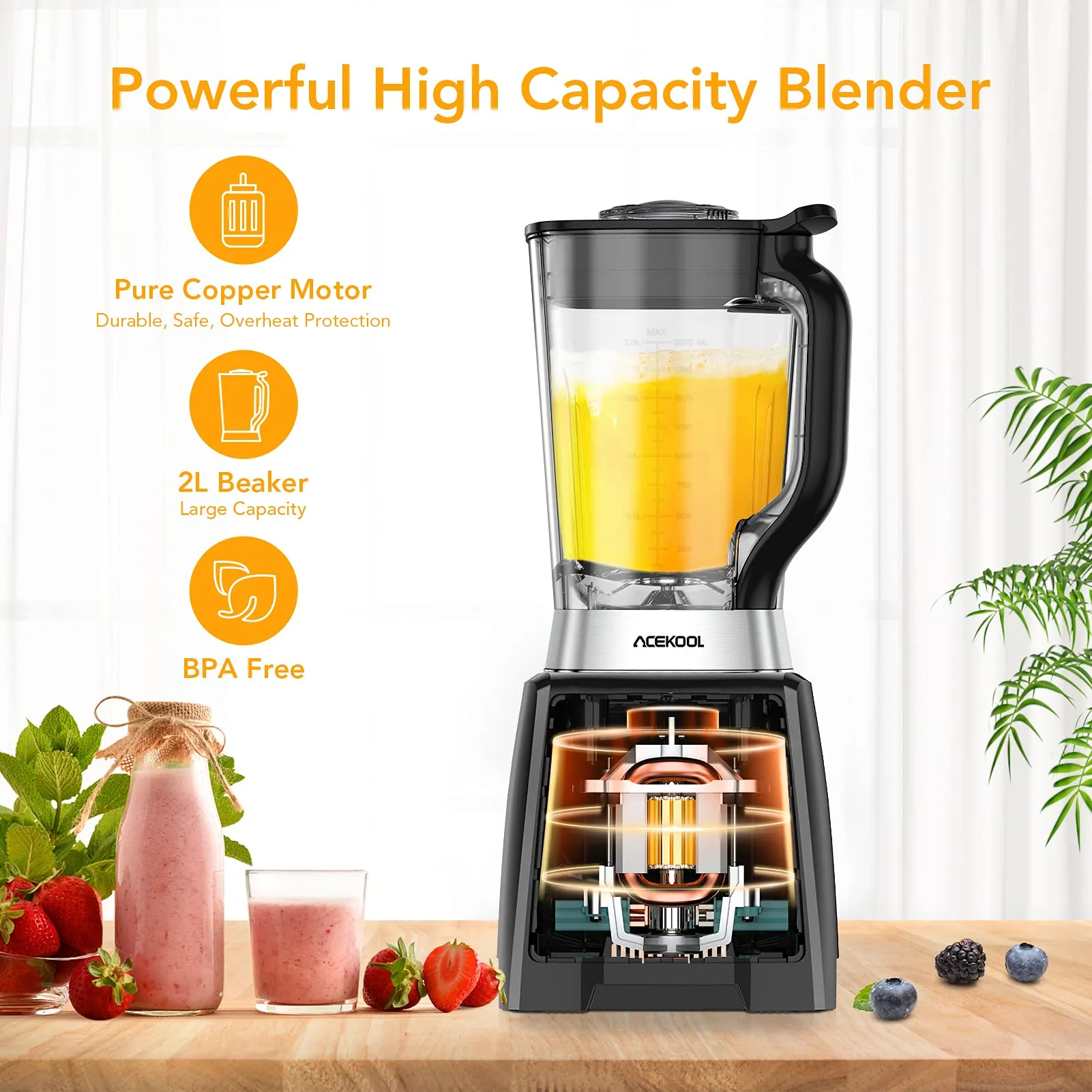 ACEKOOL Blender BC2 1450W 2L Smoothie Blender with Pitcher US Plug