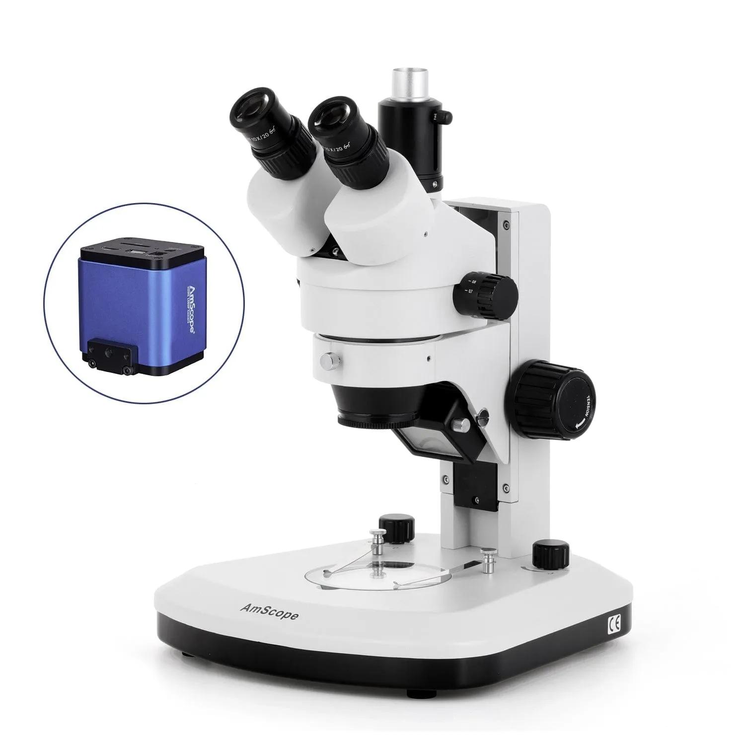 AmScope SM-1 Series Zoom Trinocular Stereo Microscope with Dual LED, HDMI Camera on Track Stand