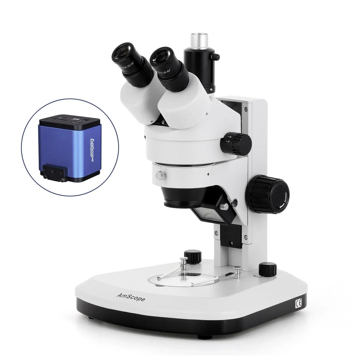 AmScope SM-1 Series Zoom Trinocular Stereo Microscope with Dual LED, HDMI Camera on Track Stand