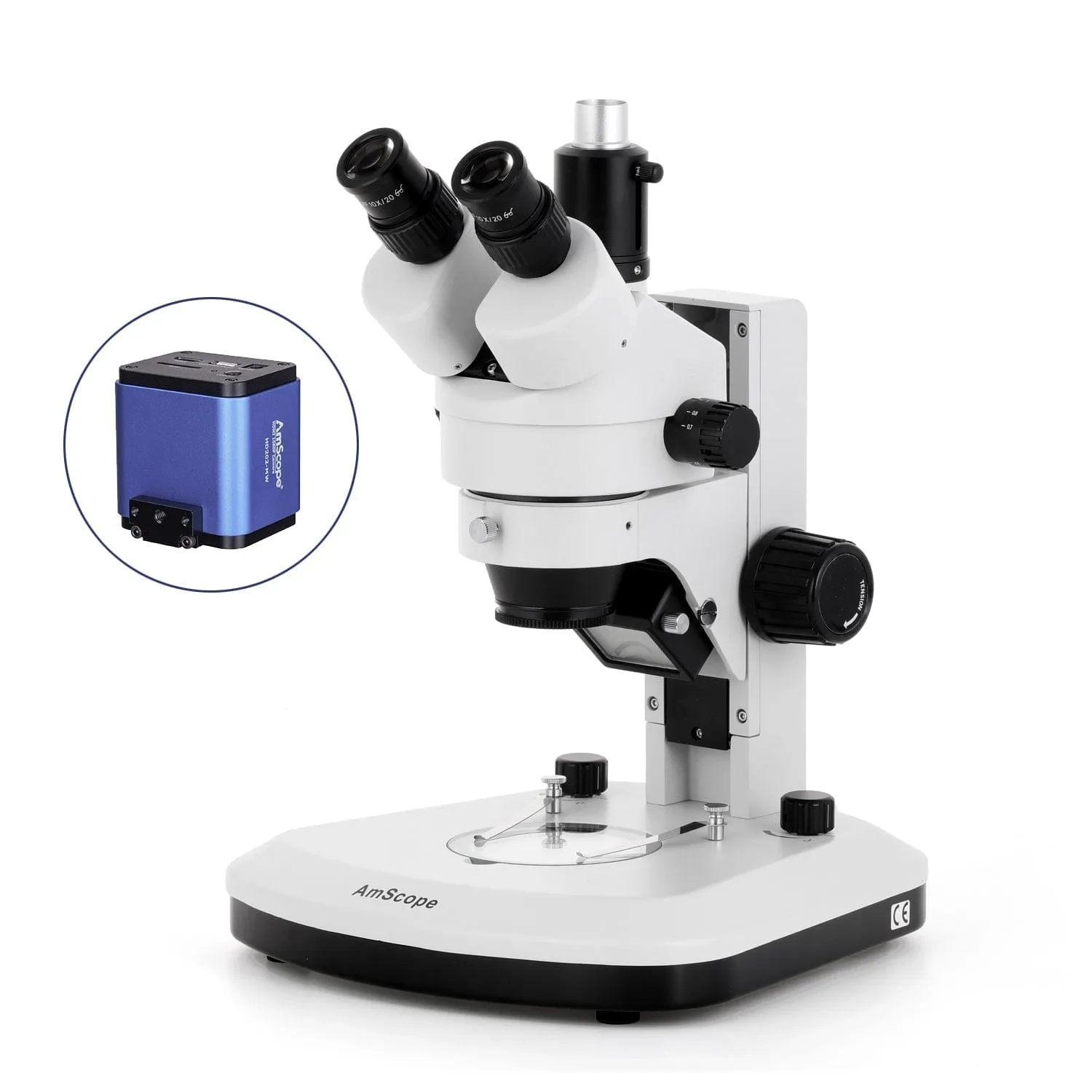 AmScope SM-1 Series Zoom Trinocular Stereo Microscope with Dual LED, HDMI Camera on Track Stand