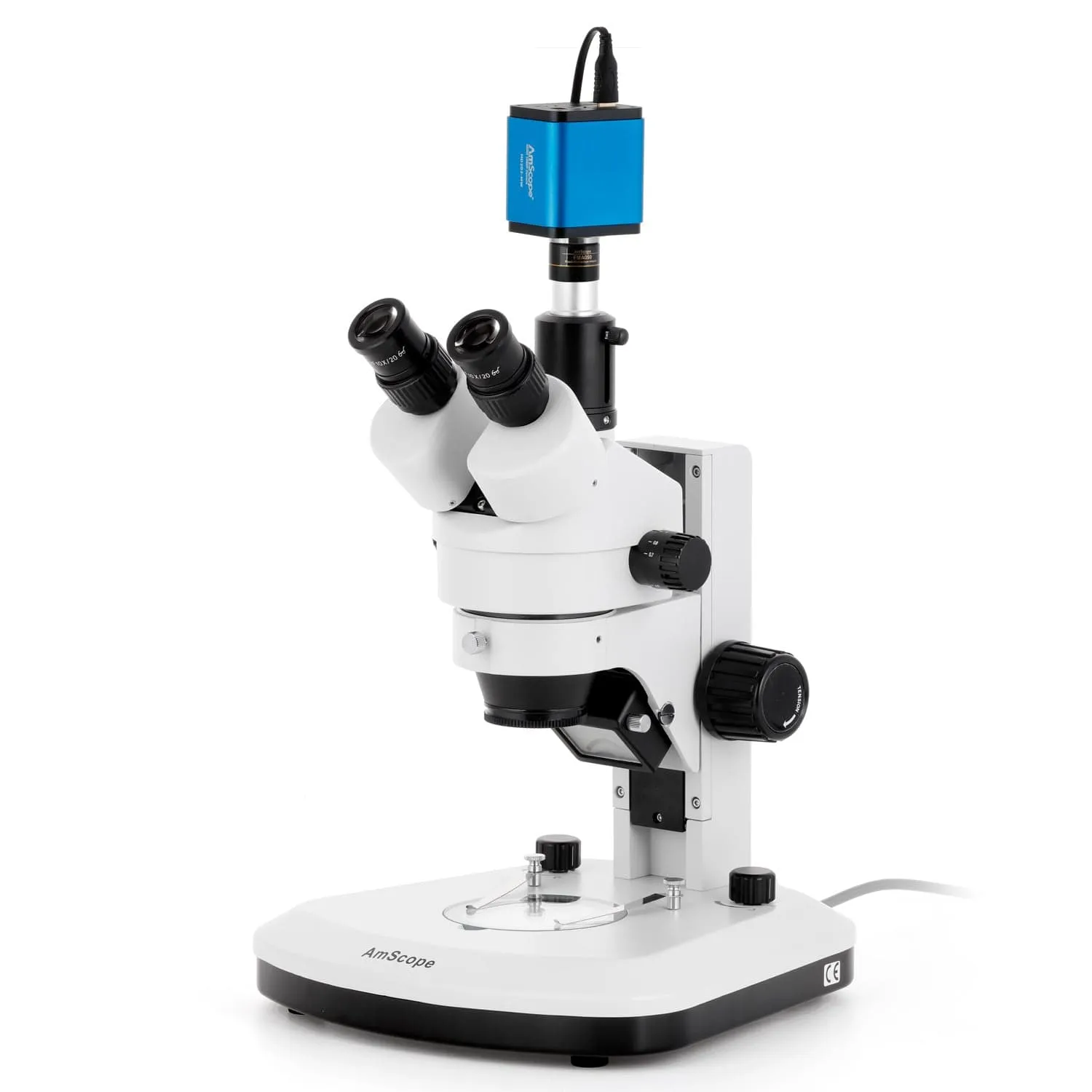 AmScope SM-1 Series Zoom Trinocular Stereo Microscope with Dual LED, HDMI Camera on Track Stand