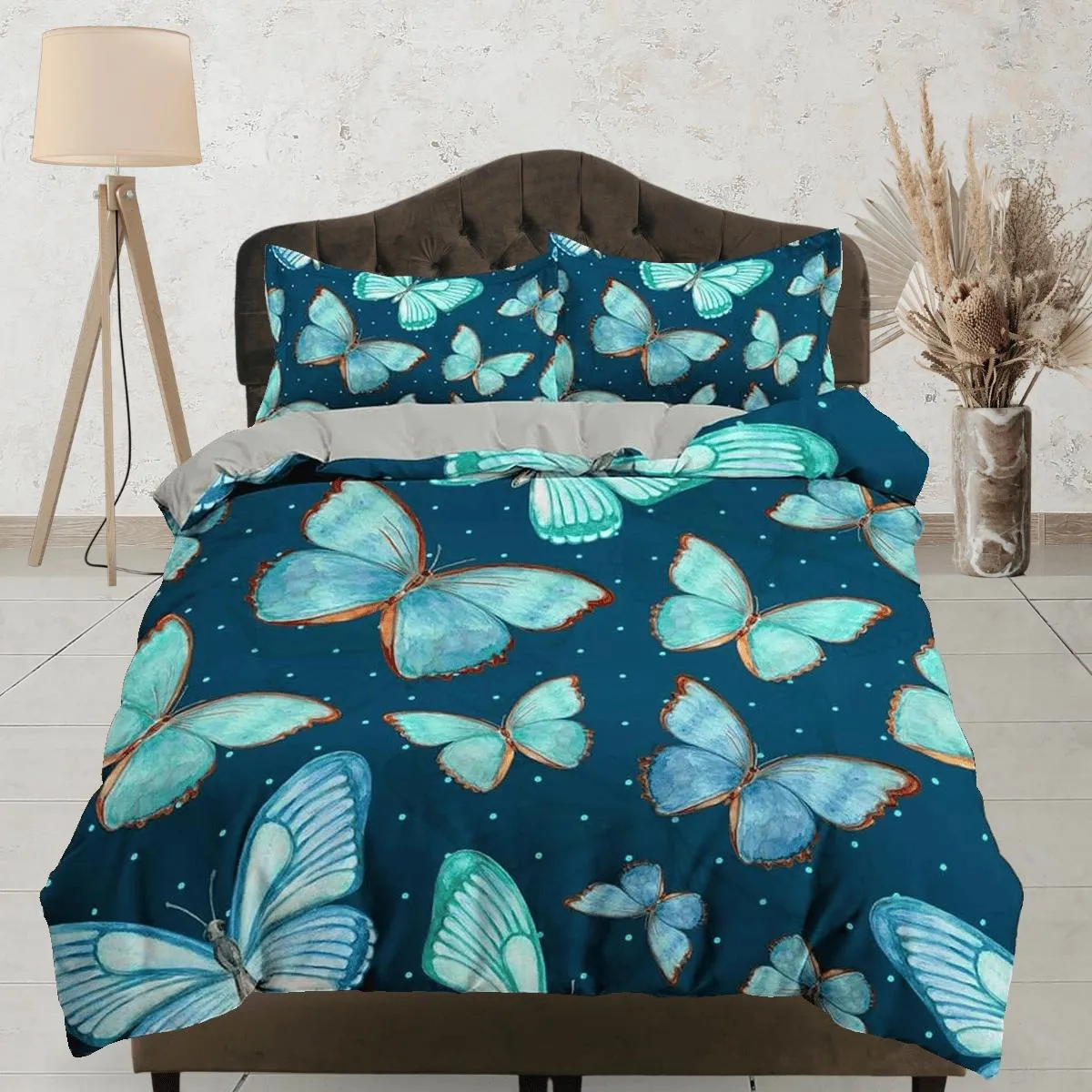 Aqua blue cyan butterfly bedding boho chic aesthetic duvet cover, dorm bedding full size adult duvet king queen twin, nursery toddler