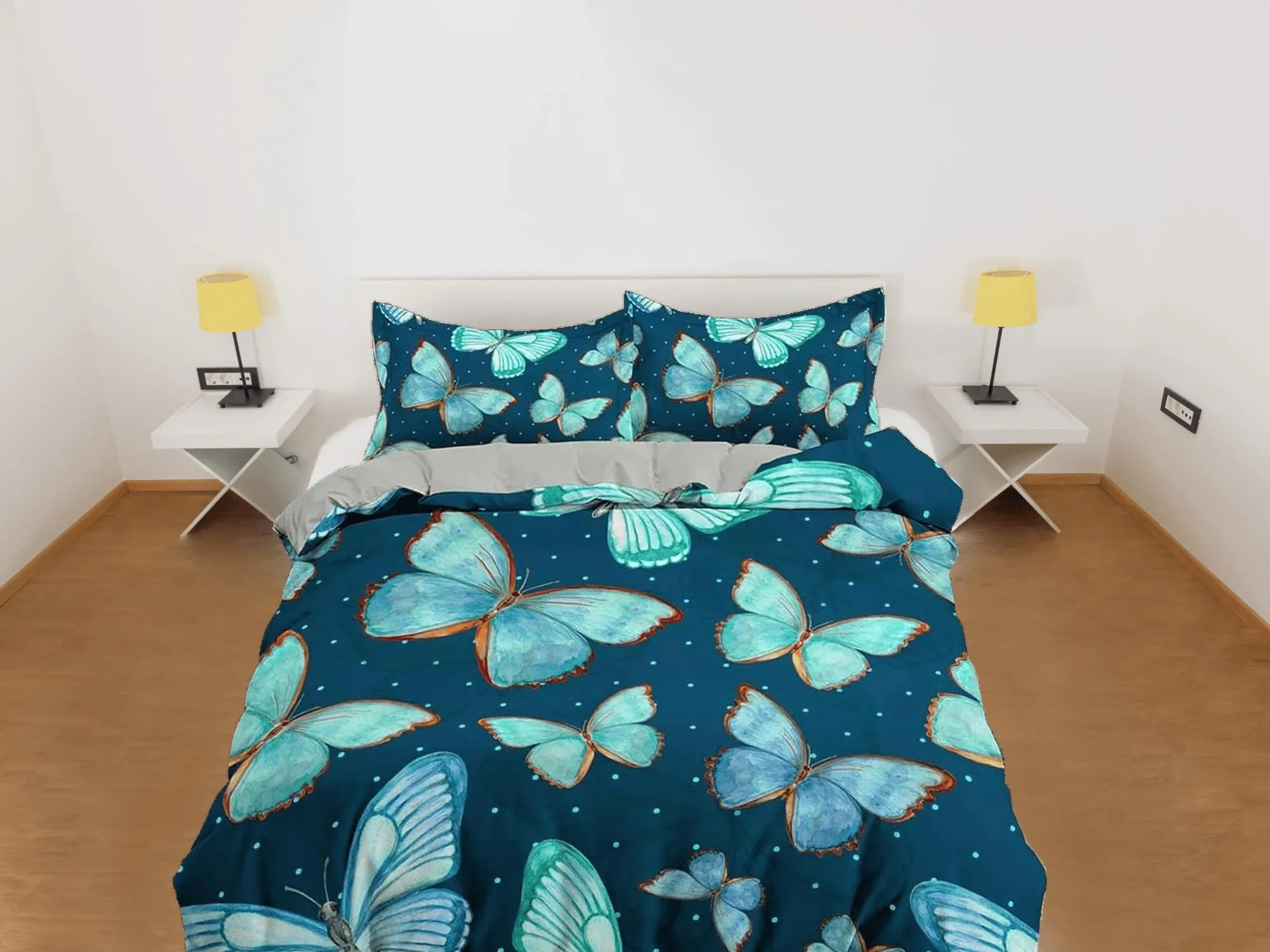 Aqua blue cyan butterfly bedding boho chic aesthetic duvet cover, dorm bedding full size adult duvet king queen twin, nursery toddler