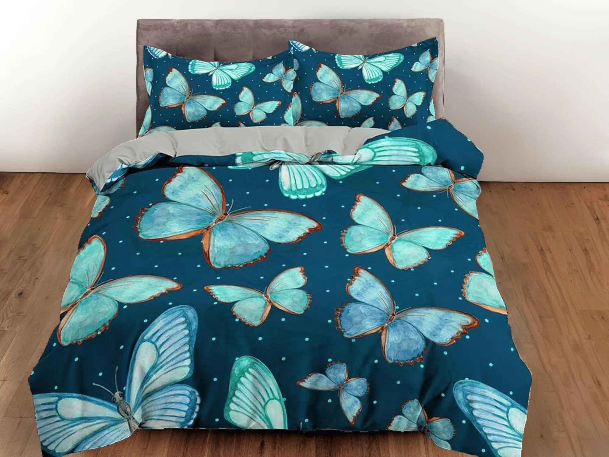 Aqua blue cyan butterfly bedding boho chic aesthetic duvet cover, dorm bedding full size adult duvet king queen twin, nursery toddler