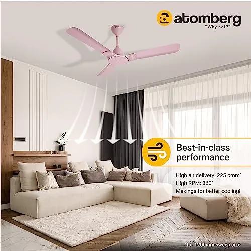 atomberg Erica 1200mm BLDC Motor 5 Star Rated Designer Ceiling Fans with Remote Control | High Air Delivery and LED Indicators | 2 1 Year Warranty (Lotus Pink) | Winner of Good Design Award (2022)