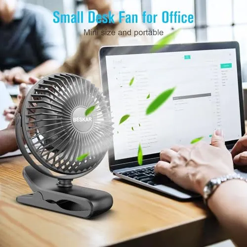 BESKAR Portable Clip on Fan Rechargeable, 4 Speeds Small Battery Operated Fan, USB Desk Fan with Strong Airflow, Sturdy Clamp for Golf Cart Office Outdoor Travel Camping