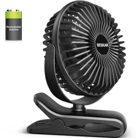 BESKAR Portable Clip on Fan Rechargeable, 4 Speeds Small Battery Operated Fan, USB Desk Fan with Strong Airflow, Sturdy Clamp for Golf Cart Office Outdoor Travel Camping