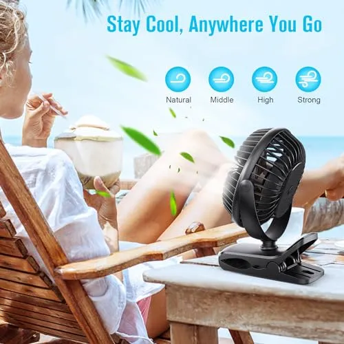 BESKAR Portable Clip on Fan Rechargeable, 4 Speeds Small Battery Operated Fan, USB Desk Fan with Strong Airflow, Sturdy Clamp for Golf Cart Office Outdoor Travel Camping