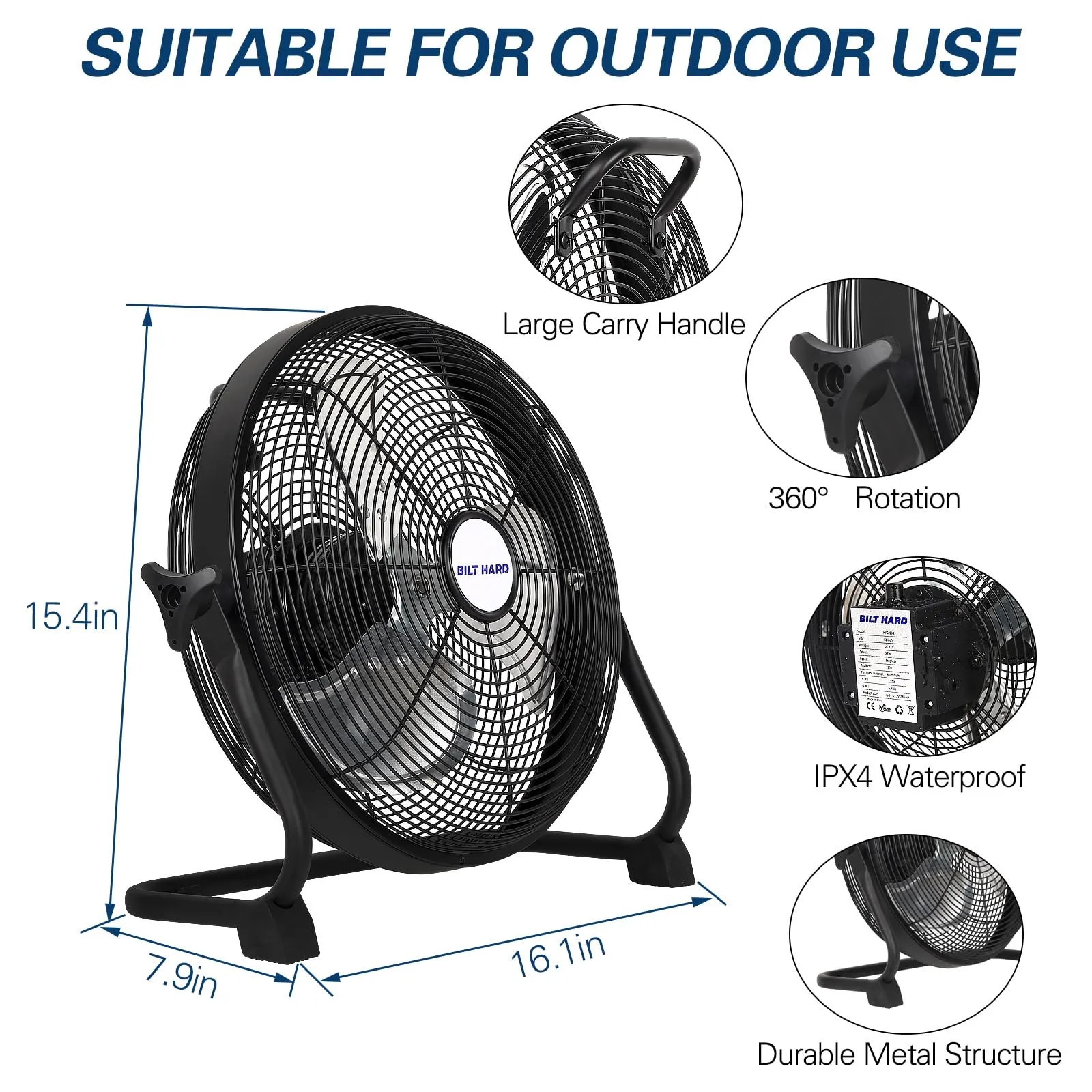 BILT HARD 12" Rechargeable Outdoor Floor Fan - High Velocity, Portable, All-Day Run