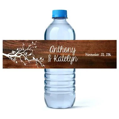 Birds Wood Wedding Water Bottle Labels