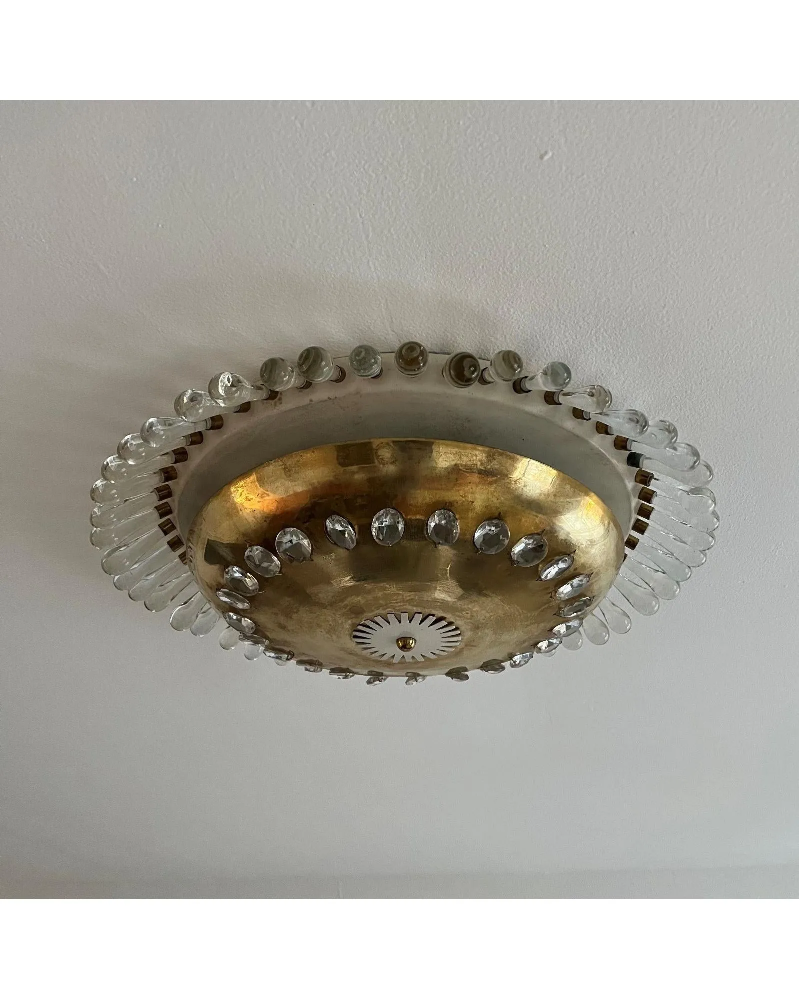 Brass Dome Palwa Flush Mount with Crystal Teardrops