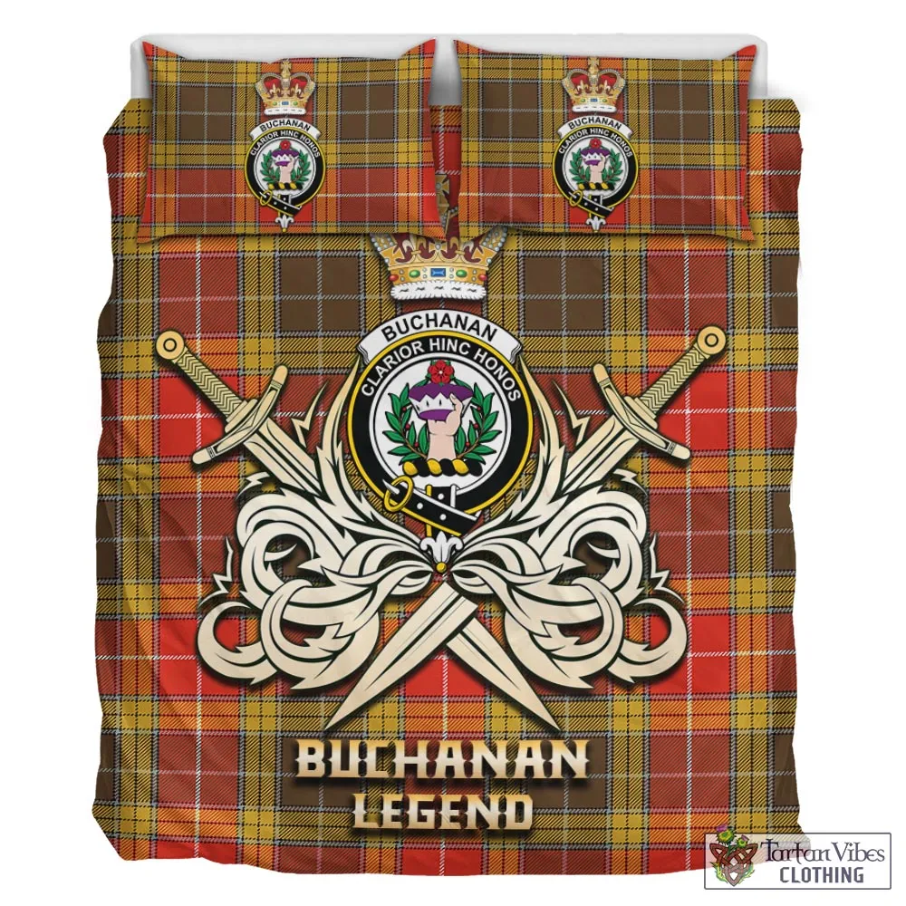 Buchanan Old Set Weathered Tartan Bedding Set with Clan Crest and the Golden Sword of Courageous Legacy