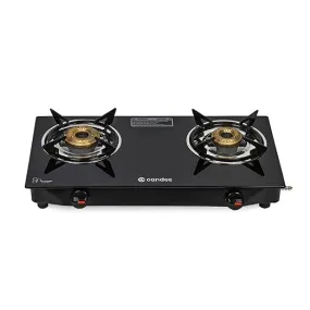 Candes Flame Glass Top Gas Stove | Manual Ignition, Black (ISI Certified With 12 Months Warranty (2 Burner) (Manual 2 Burner)