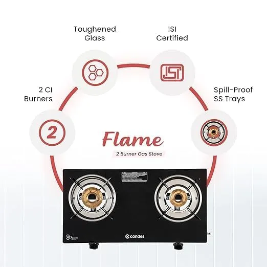 Candes Flame Glass Top Gas Stove | Manual Ignition, Black (ISI Certified With 12 Months Warranty (2 Burner) (Manual 2 Burner)