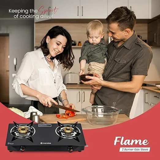 Candes Flame Glass Top Gas Stove | Manual Ignition, Black (ISI Certified With 12 Months Warranty (2 Burner) (Manual 2 Burner)