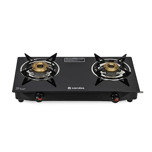 Candes Flame Glass Top Gas Stove | Manual Ignition, Black (ISI Certified With 12 Months Warranty (2 Burner) (Manual 2 Burner)