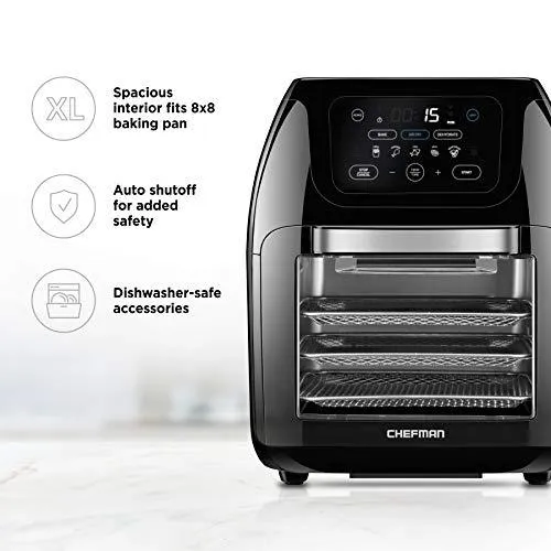 Chefman Multifunctional Digital Air Fryer  Rotisserie, Dehydrator, Convection Oven, 14 Touch Screen Presets Fry, Roast, Dehydrate & Bake, Auto Shutoff, Accessories Included, XL 10L Family Size