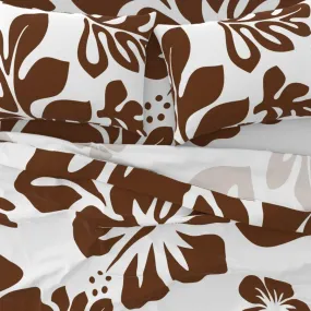 Chocolate Brown Hawaiian Flowers on White Sheet Set from Surfer Bedding™️ Large Scale