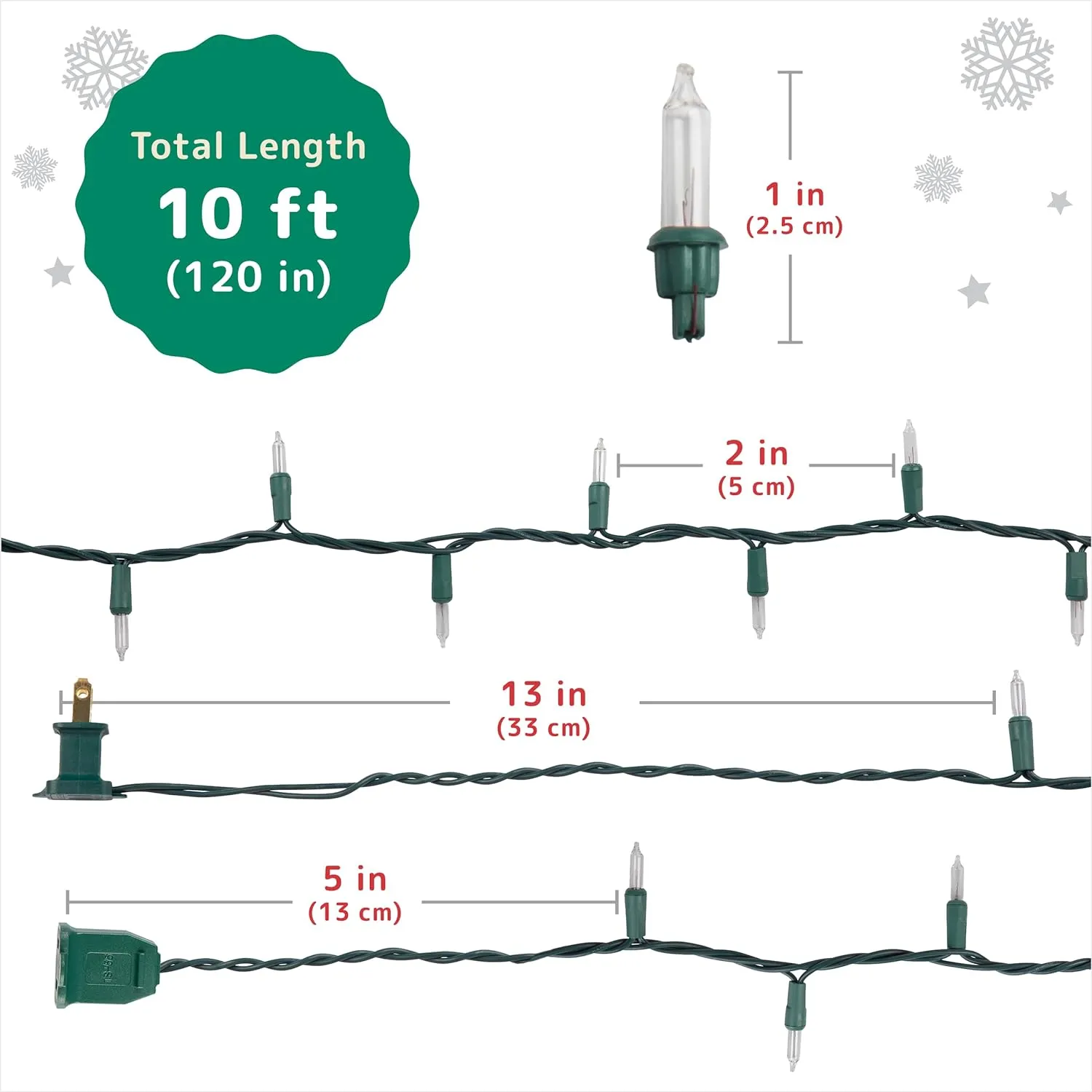 Christmas String Lights (10 Feet, 50 Lights) - Clear White Christmas Tree Lights with Green Wire