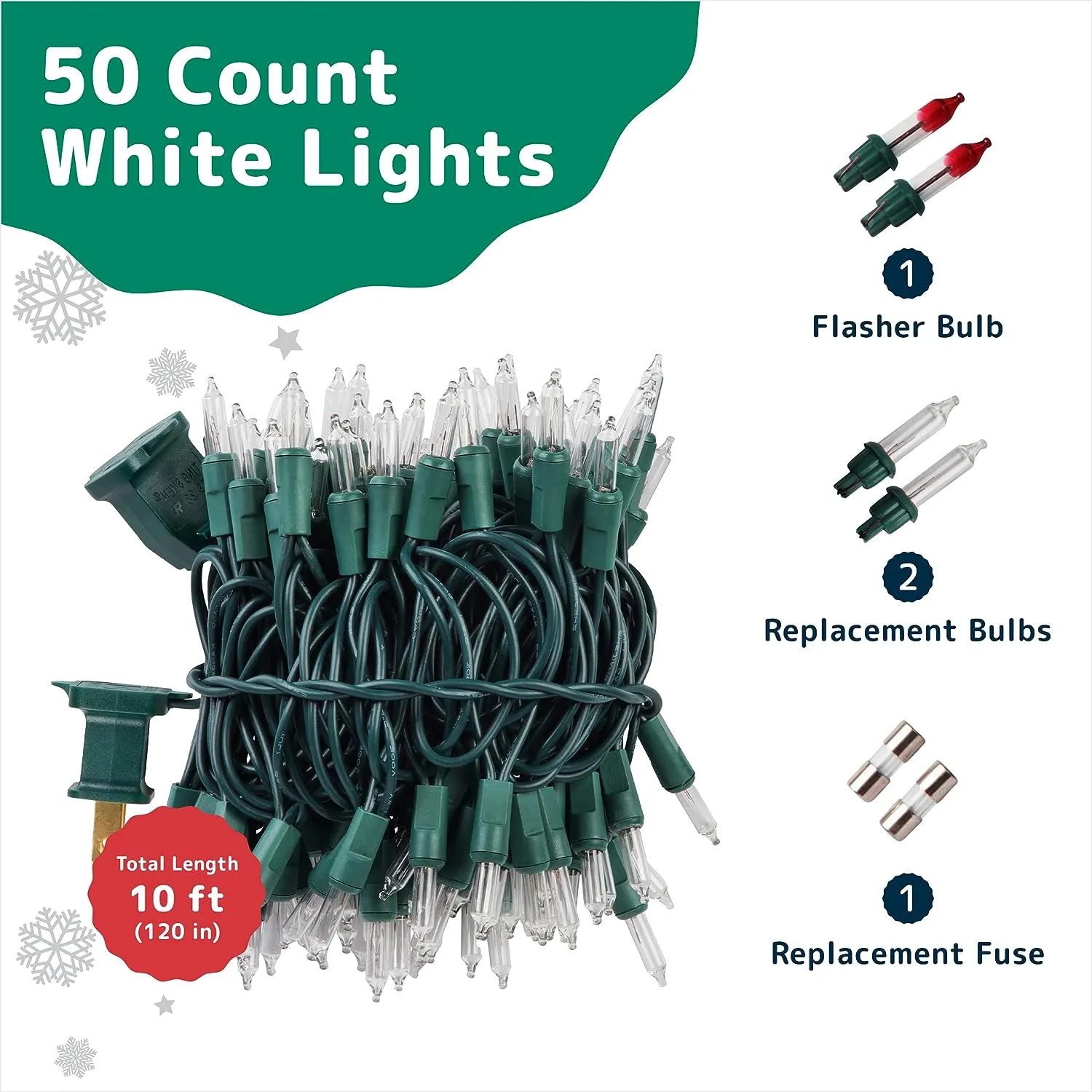 Christmas String Lights (10 Feet, 50 Lights) - Clear White Christmas Tree Lights with Green Wire