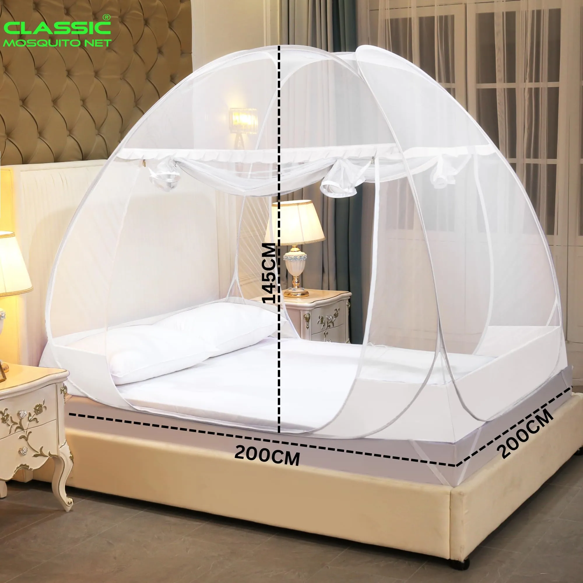 Classic Mosquito Net for Double Bed | King Size Foldable Premium Machardani | Extra Mosquito Protection | Polyester 30GSM Strong Net | PVC Coated Corrosion Resistant Steel Wire - White