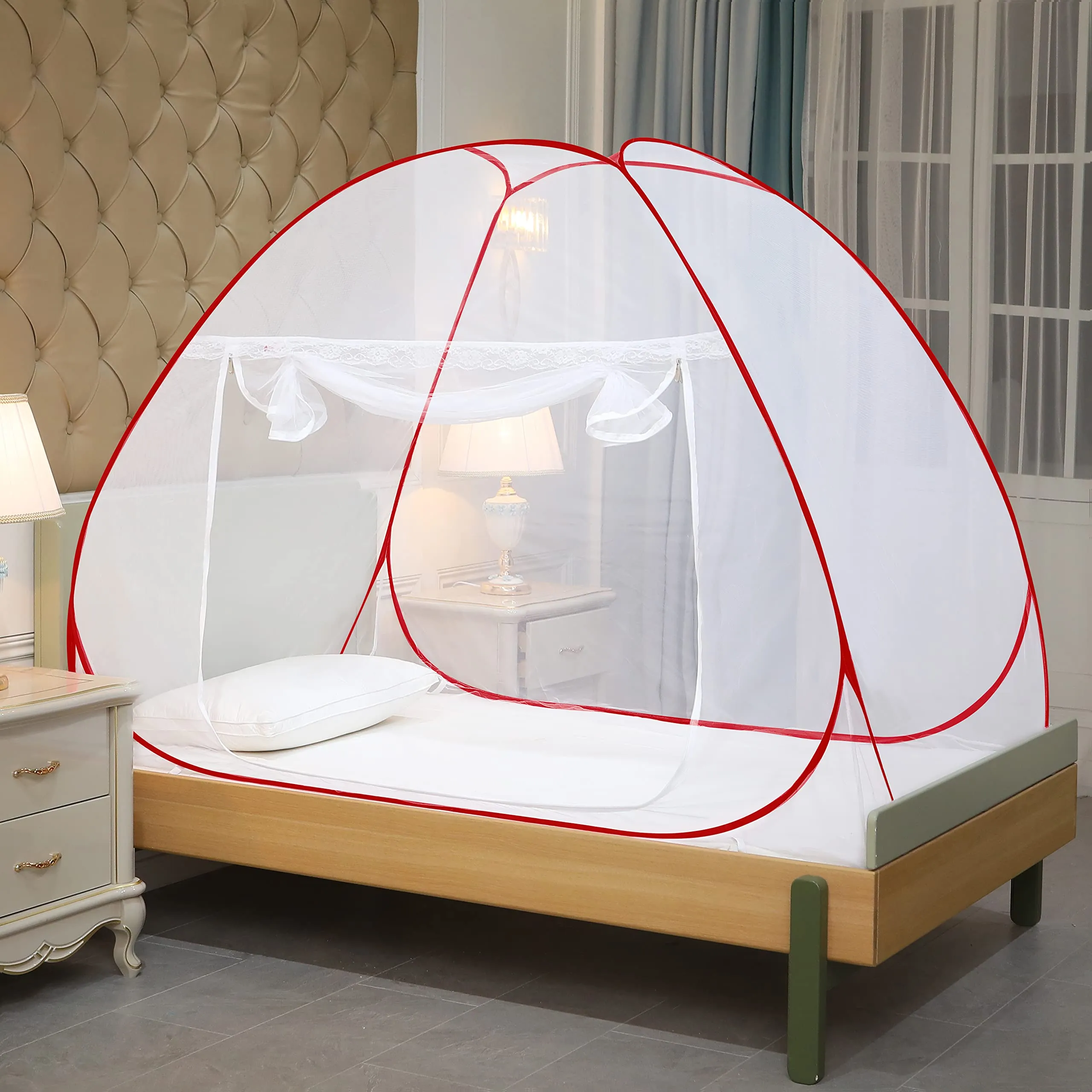 Classic Mosquito Net for Single Bed | Foldable Machardani | Polyester Strong 30GSM mesh | PVC Coated Corrosion Resistant Steel Wire - Red.