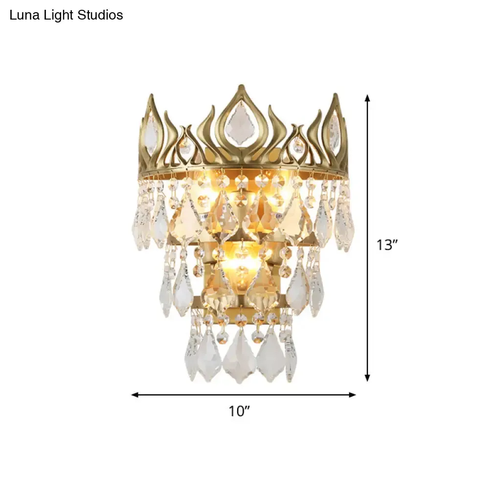 Contemporary Brass Crystal Drip Wall Lamp - Crown Shape Sconce Light Fixture (3 Bulbs)