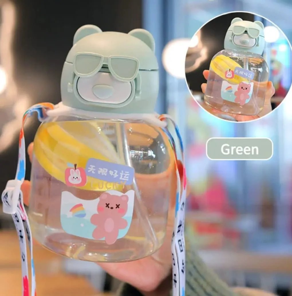 Cute Glasses Bear Water Bottle -Green