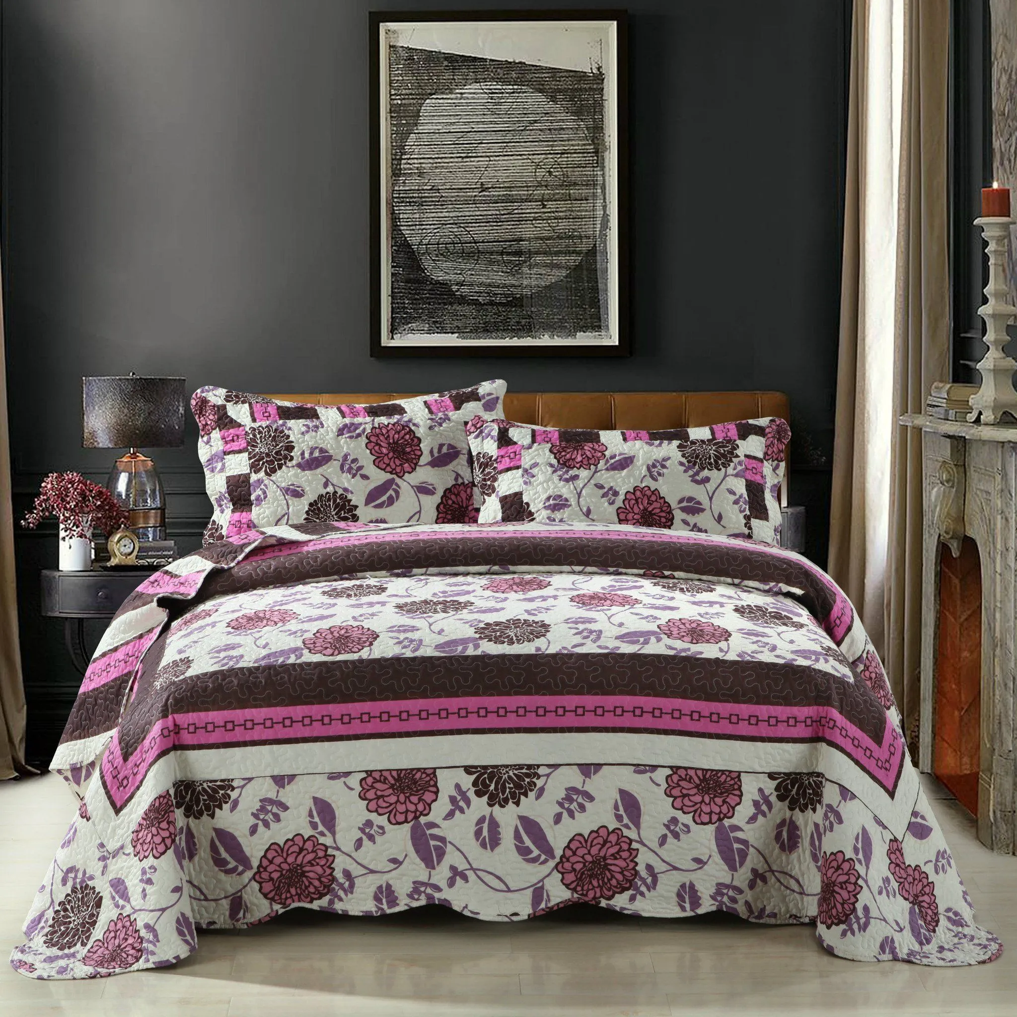 DaDa Bedding Bohemian Purple Blooms Floral Garden Pink Brown Bedspread Set (KBJ1629)