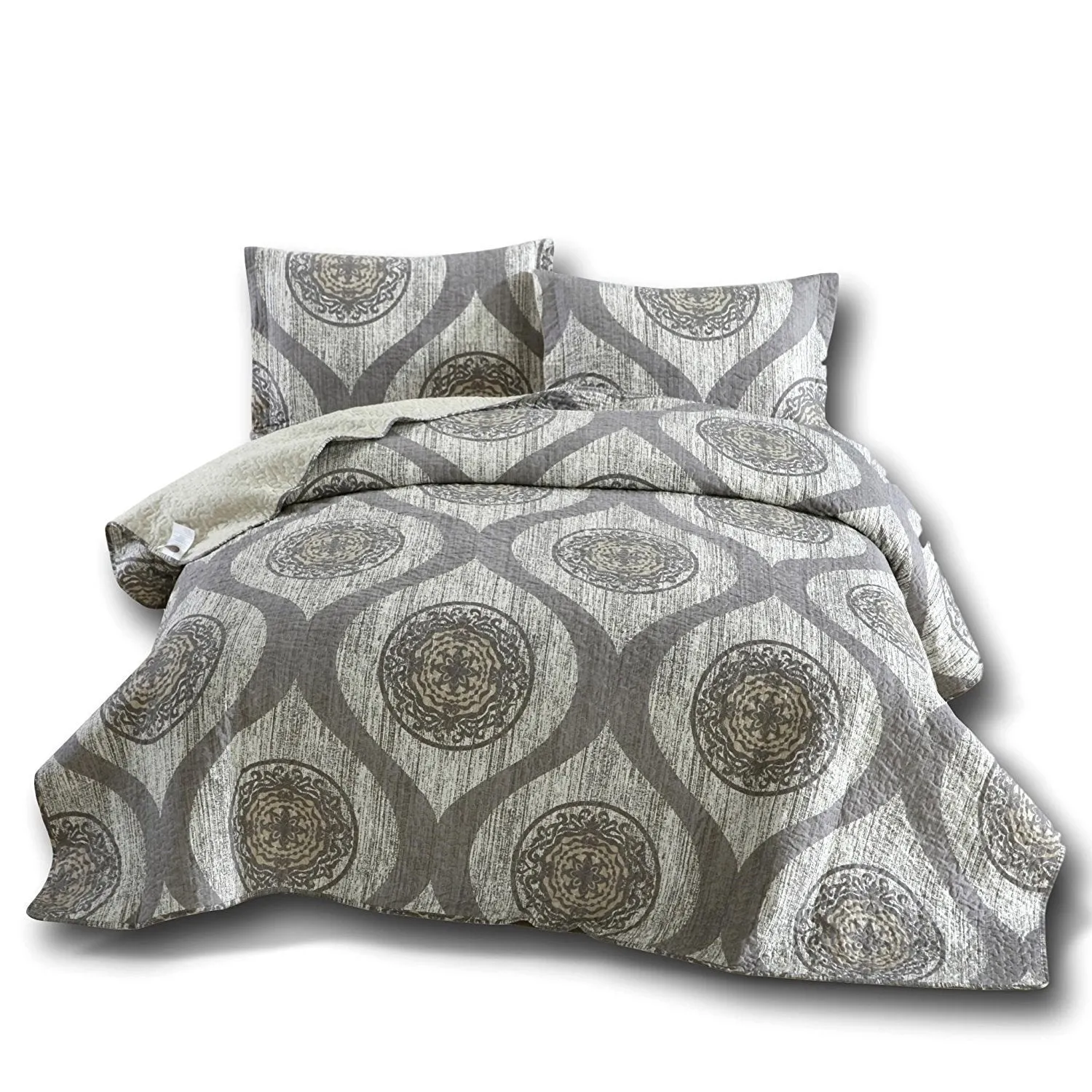 DaDa Bedding Rustic Grey Mosaic Distressed Medallion Reversible Quilted Bedspread Set (SD16299)