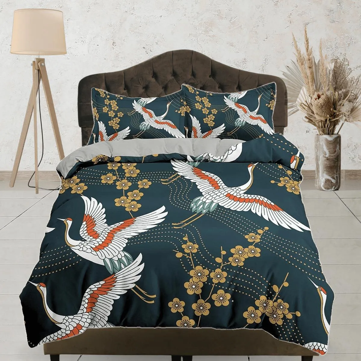 Dark green oriental bedding set cover, crane bird and cherry blossom floral prints on Japanese style duvet cover, king, queen, full, twin