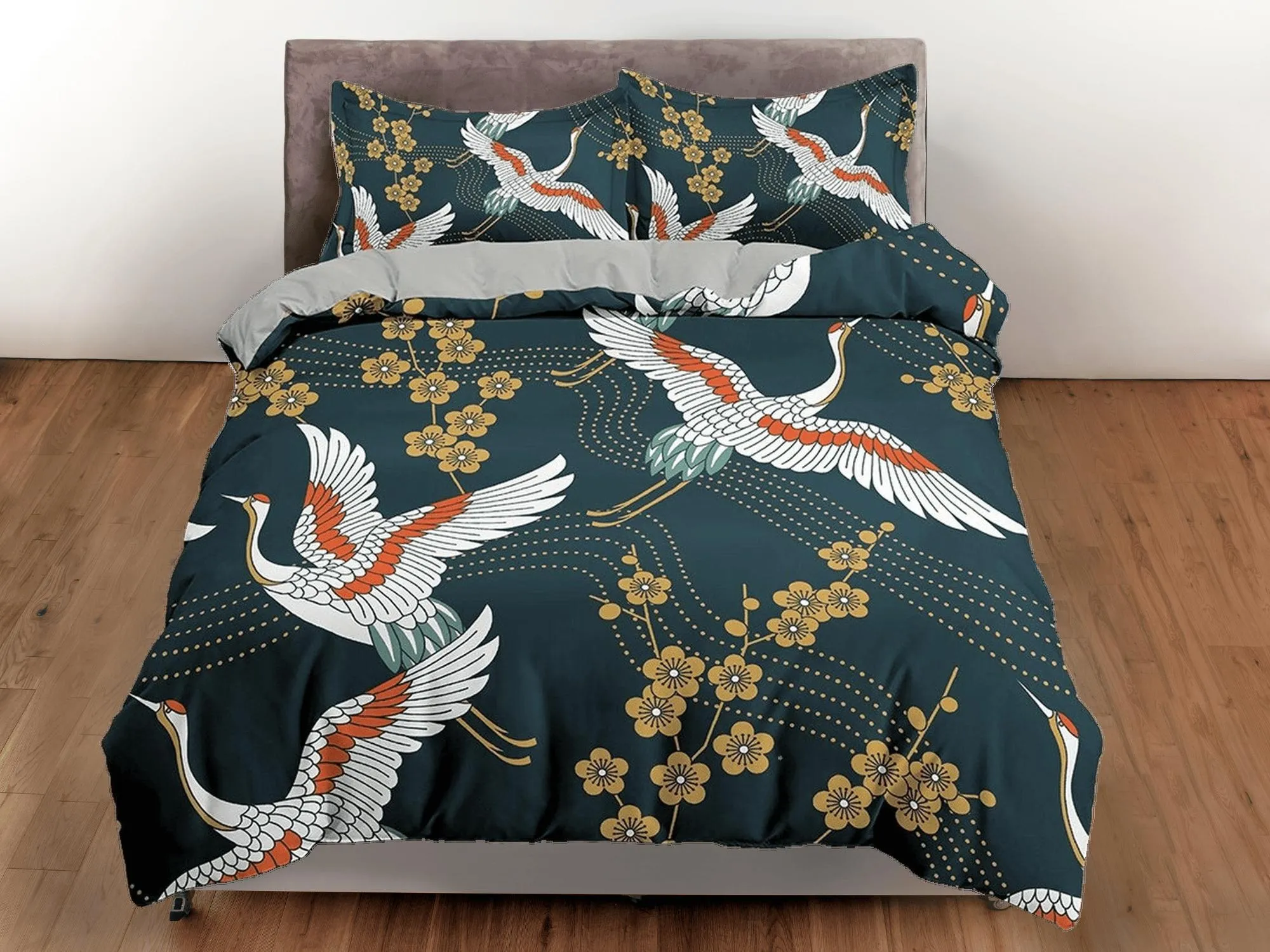 Dark green oriental bedding set cover, crane bird and cherry blossom floral prints on Japanese style duvet cover, king, queen, full, twin