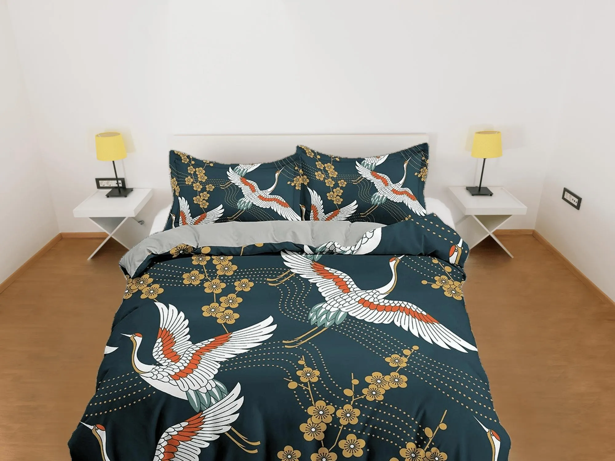 Dark green oriental bedding set cover, crane bird and cherry blossom floral prints on Japanese style duvet cover, king, queen, full, twin