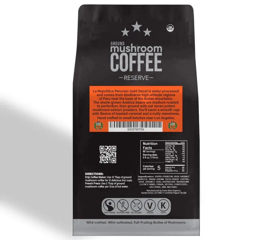 DECAF Peruvian Gold Ground Mushroom Coffee - La Republica