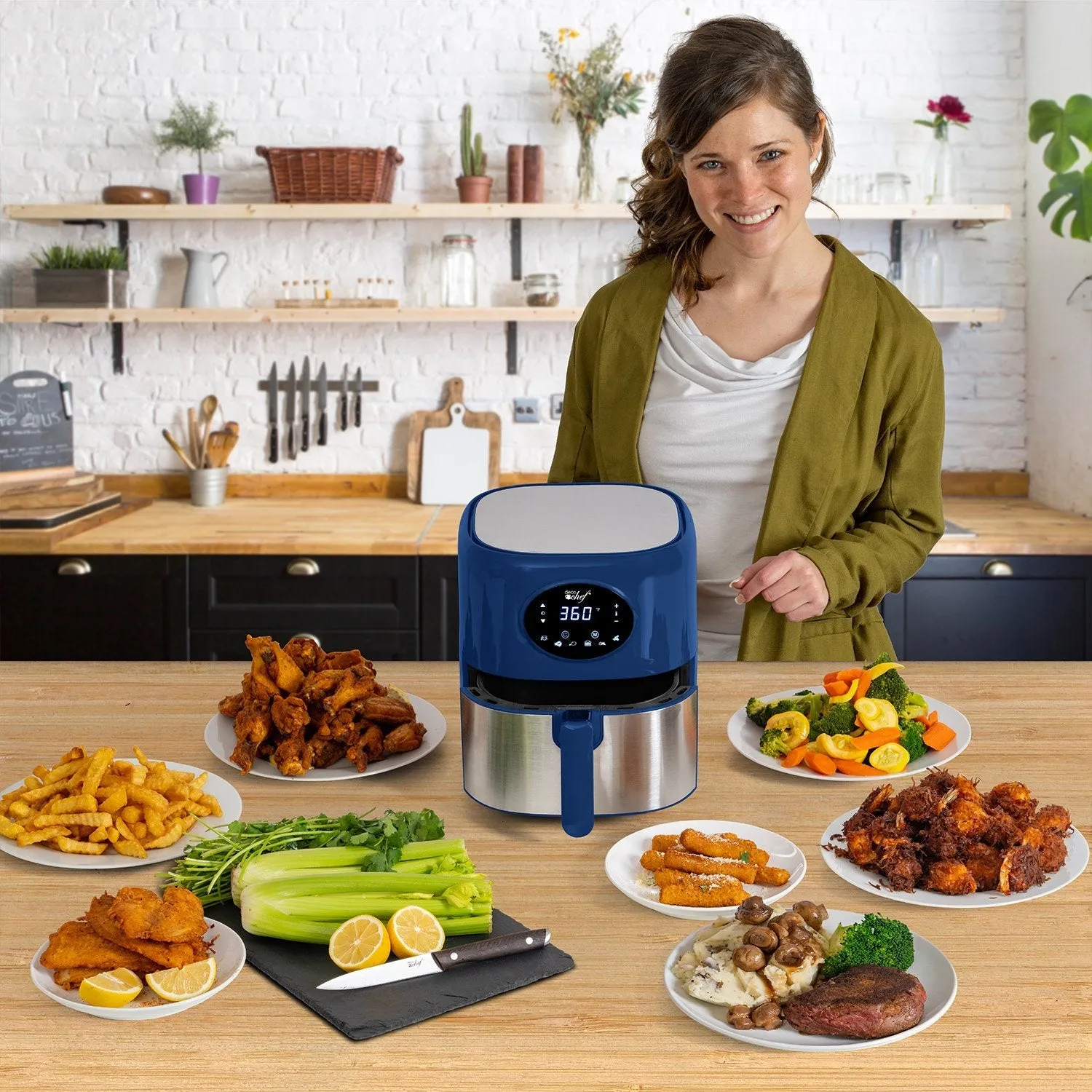 Deco Chef 3.7QT Digital Air Fryer   6 Cooking Presets, Blue   Deco Chef 16-Piece Knife Set