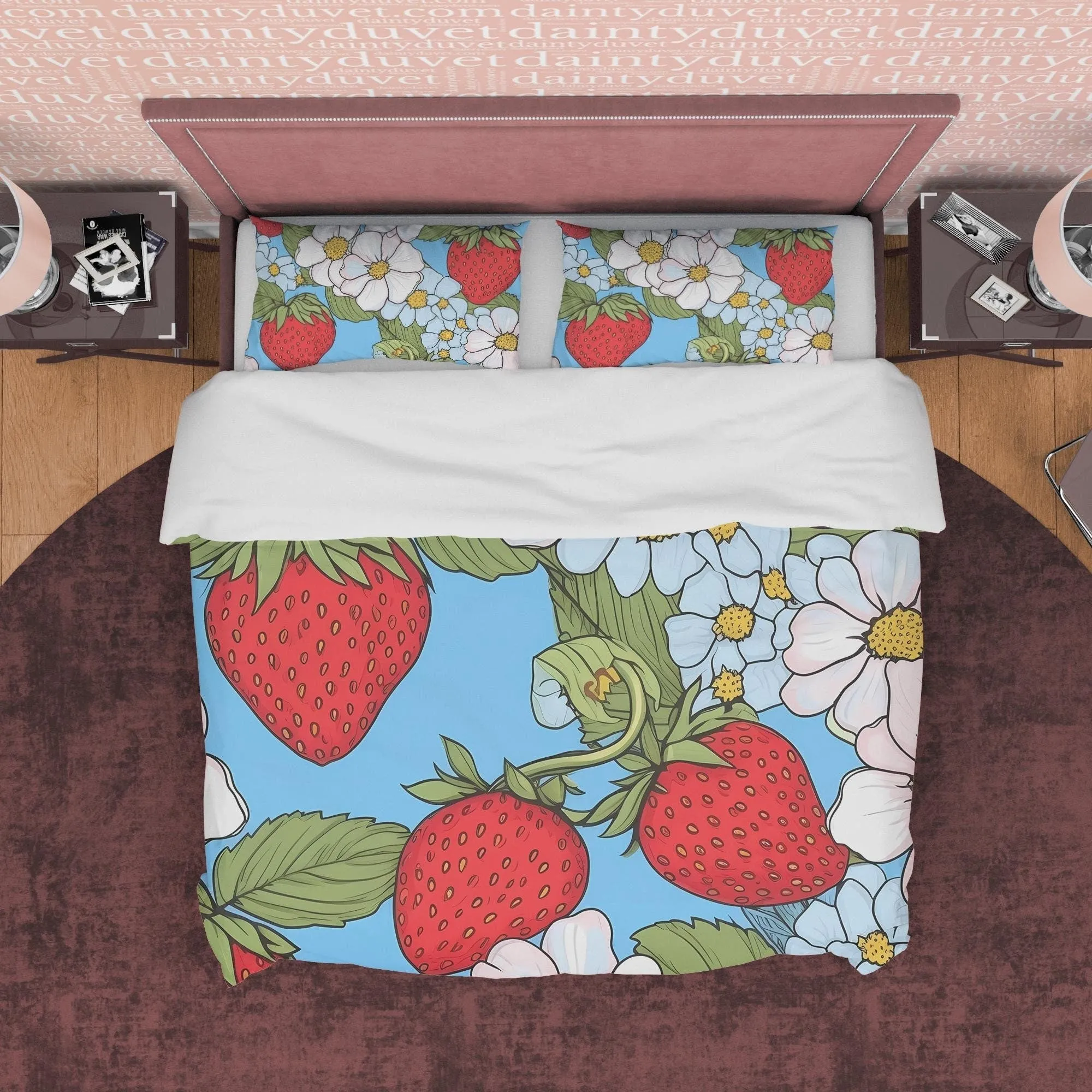 Delightful Strawberry Duvet Cover Boho Bedroom Set, Cute Bedspread, Girly Quilt Cover, Dorm Bedding, Baby Girl Toddler Bedding, Foodie Gift